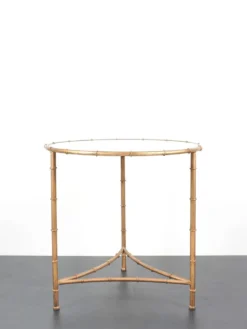 Table, guéridon vintage en métal doré et plateau en miroir