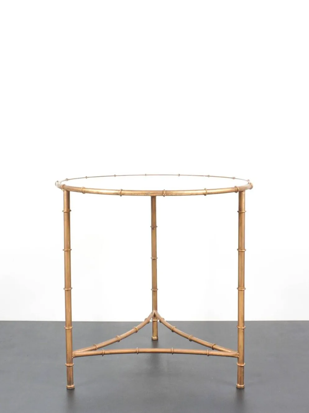 Table, guéridon vintage en métal doré et plateau en miroir