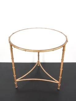 Table, guéridon vintage en métal doré et plateau en miroir