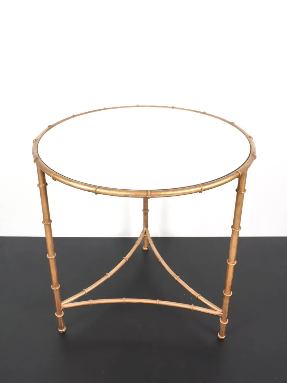 Table, guéridon vintage en métal doré et plateau en miroir
