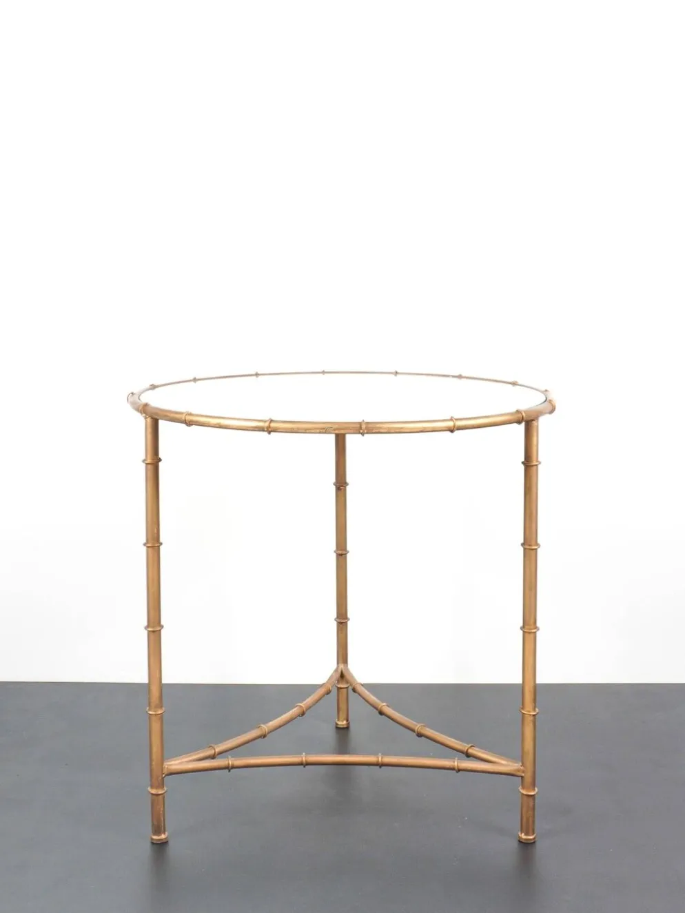 Table, guéridon vintage en métal doré et plateau en miroir