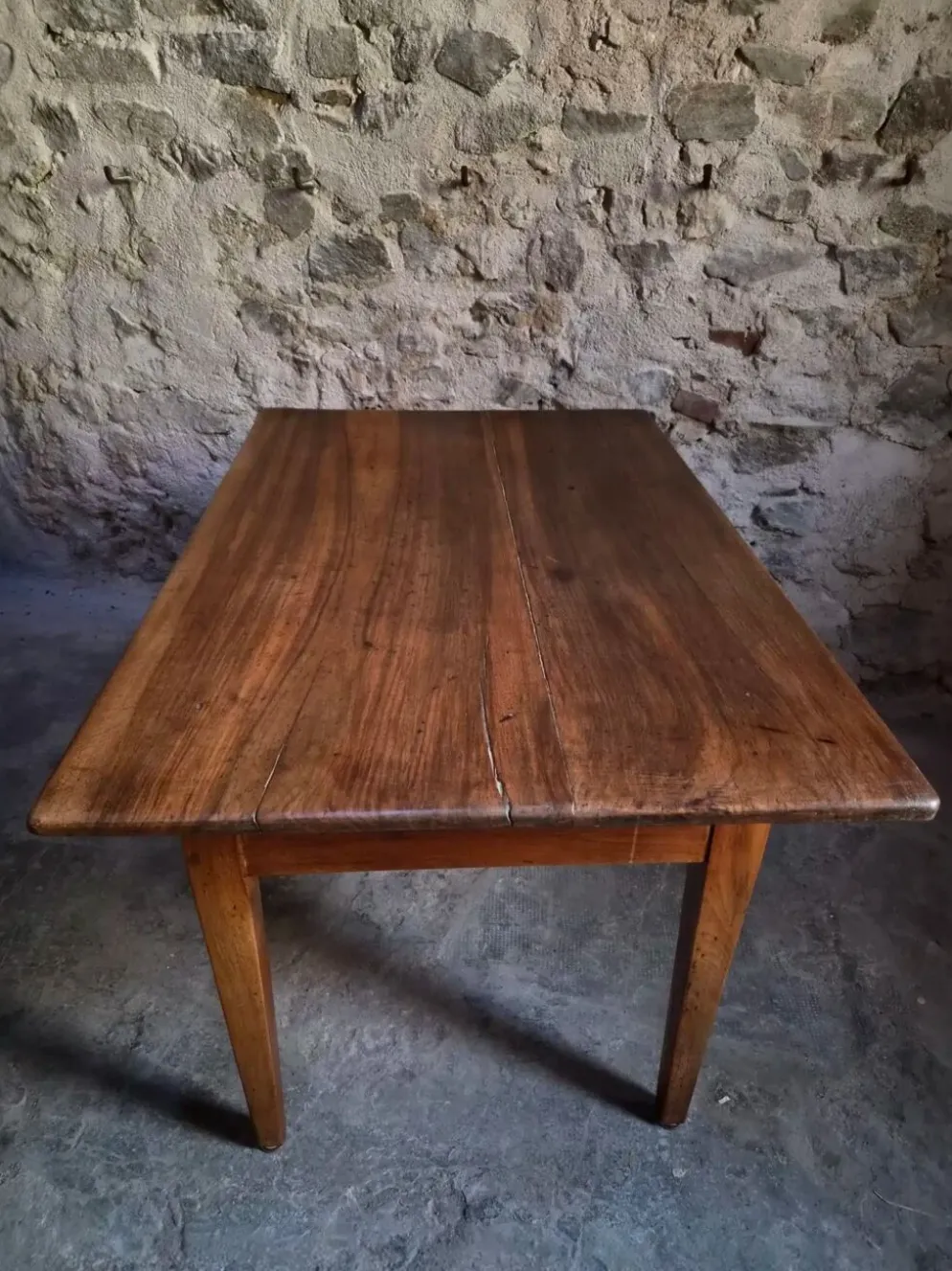 Table à manger ancienne française en noyer, table de ferme avec tiroir, vers 1900
