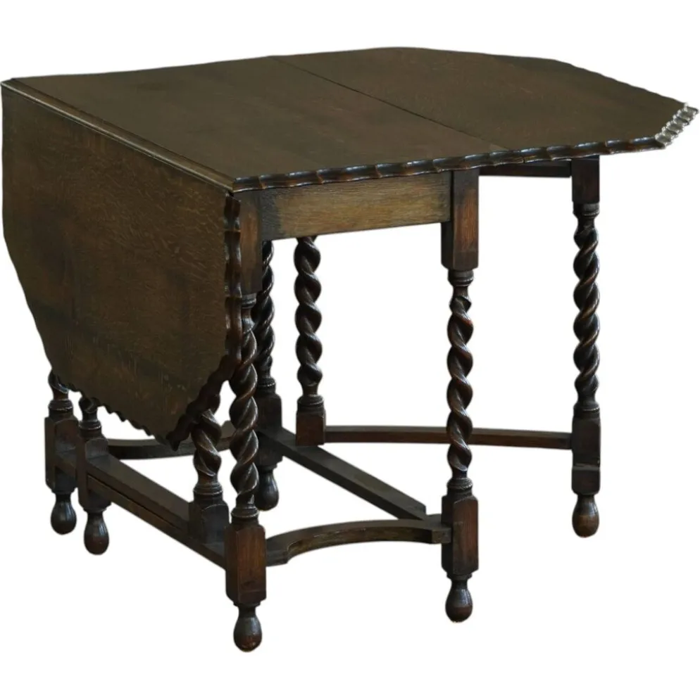 Table à manger baroque ancienne en chêne, à pieds repliables et à abattants, avec pieds en spirale « barley twist », années 1920