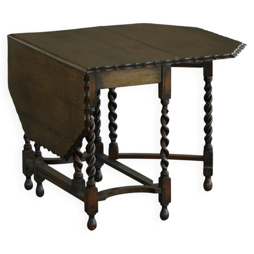 Table à manger baroque ancienne en chêne, à pieds repliables et à abattants, avec pieds en spirale « barley twist », années 1920