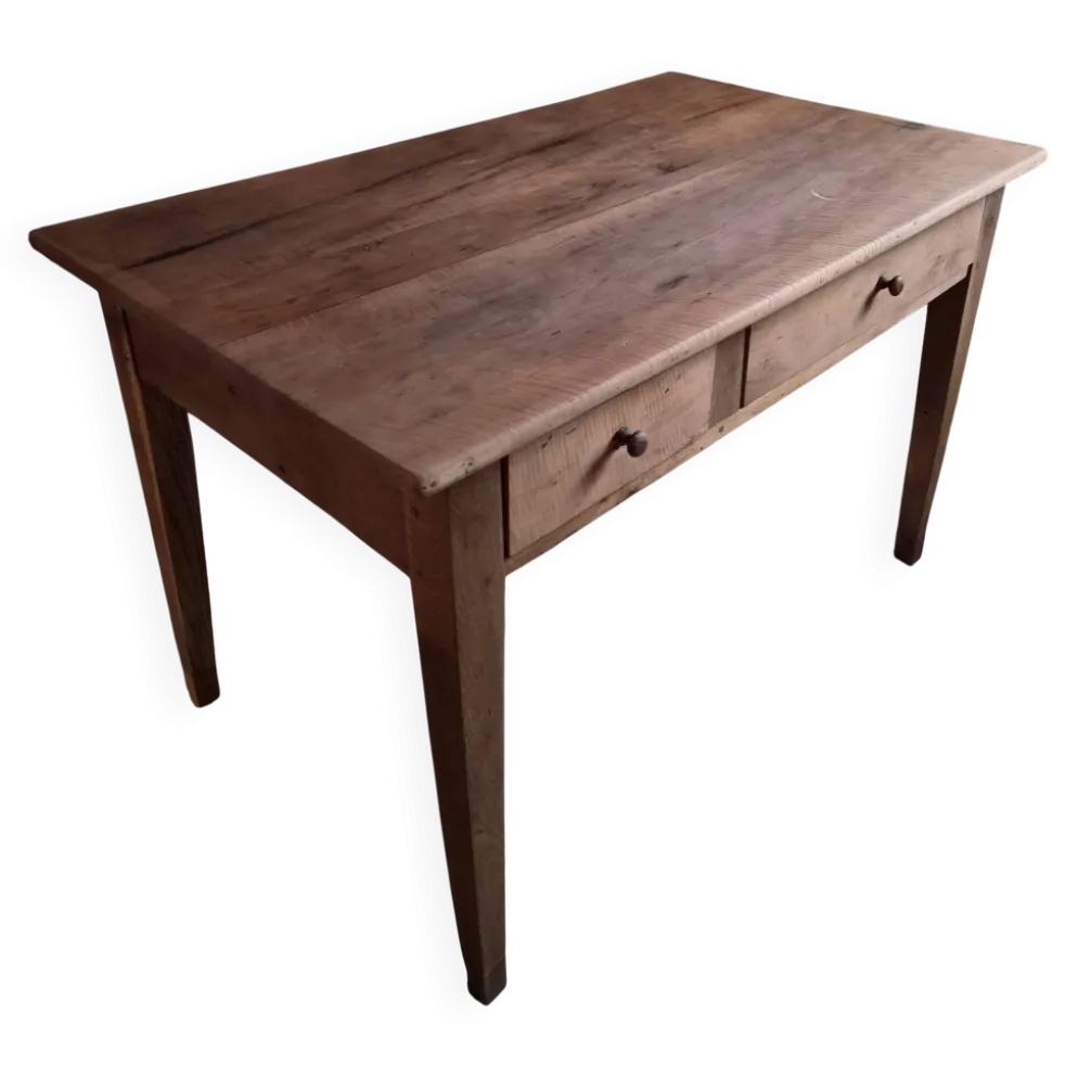 Table à manger française ancienne en merisier avec deux tiroirs, vers 1880–1920