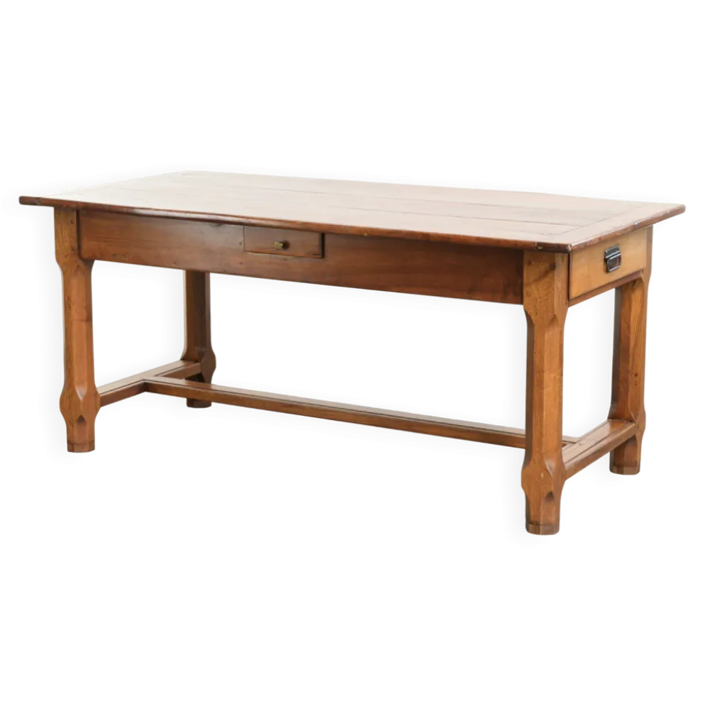 Table à manger française du XVIIIe siècle avec un plateau en bois de fruitier et une base en chêne.