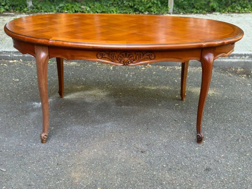 Table à manger Louis XV extensible ovale en bois massif marqueterie 270cm