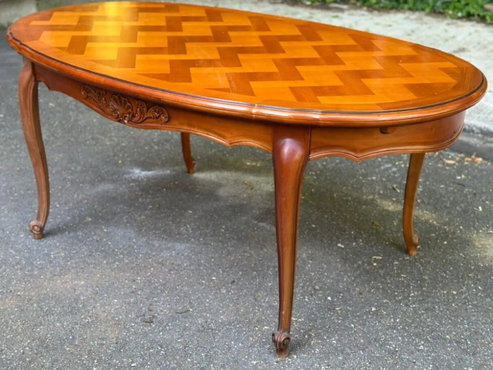 Table à manger Louis XV extensible ovale en bois massif marqueterie 270cm
