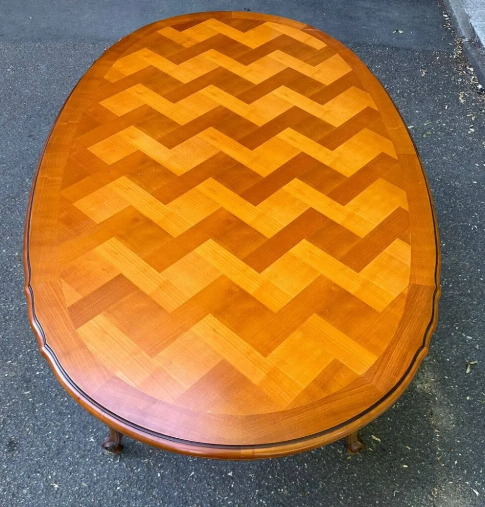 Table à manger Louis XV extensible ovale en bois massif marqueterie 270cm