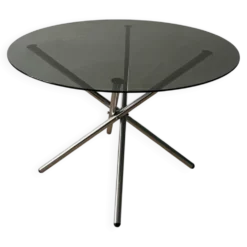 Table à manger plateau verre pieds chrome année 70