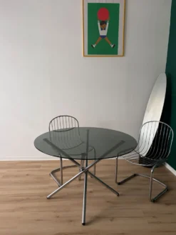 Table à manger plateau verre pieds chrome année 70