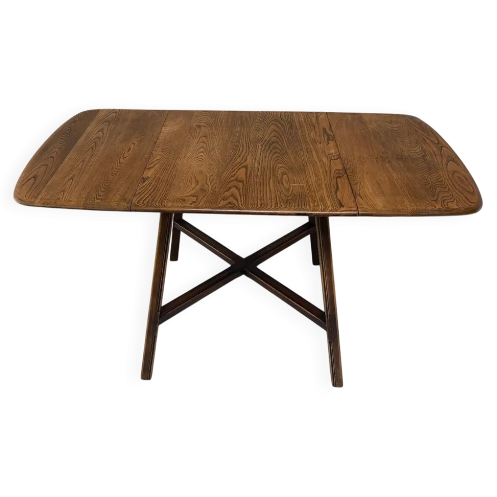 Table à manger à rabat Ercol Old Colonial 377 en bois d'orme, étiquette bleue, années 1950.
