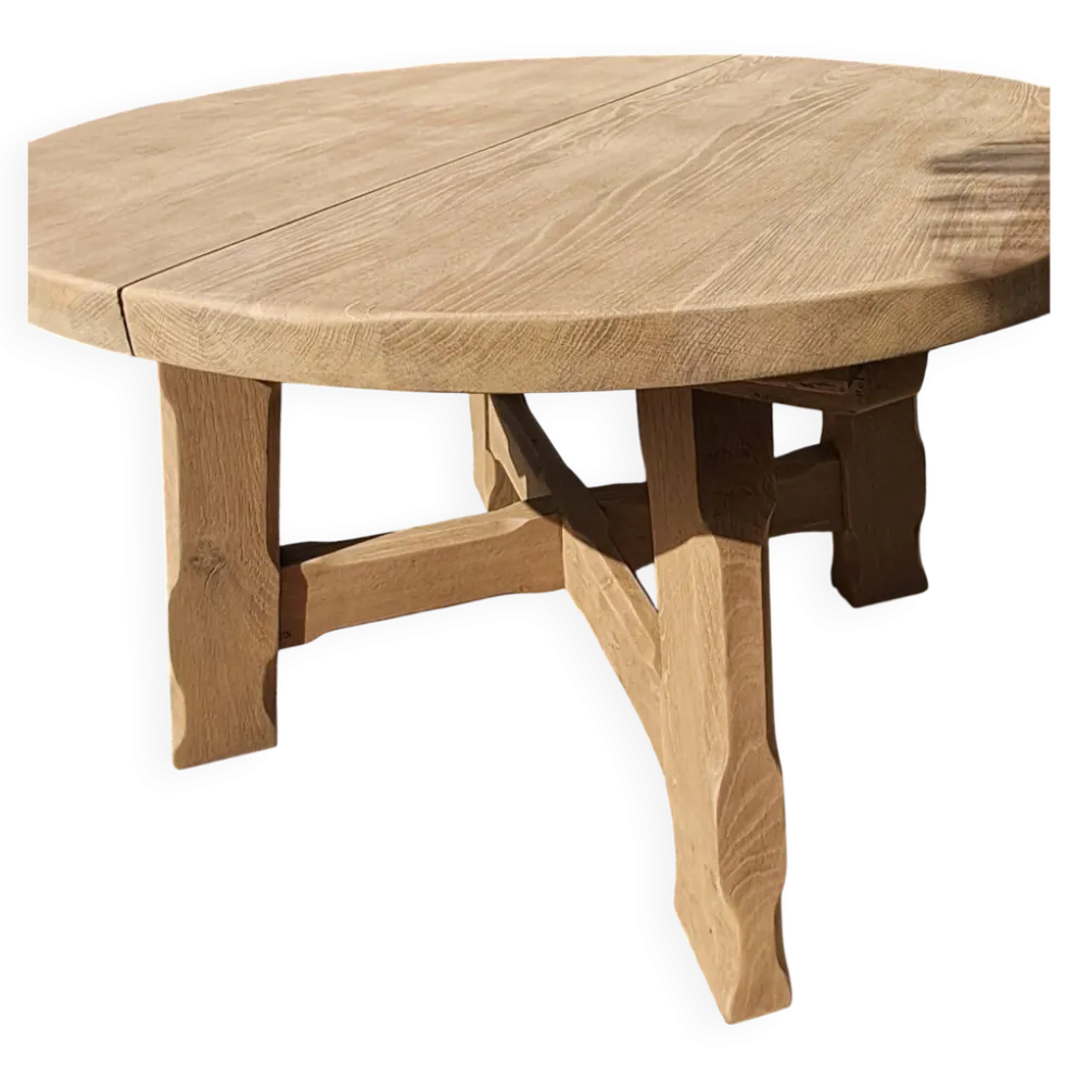 Table à manger ronde brutaliste chêne massif De Puydt – Extensible 120/200