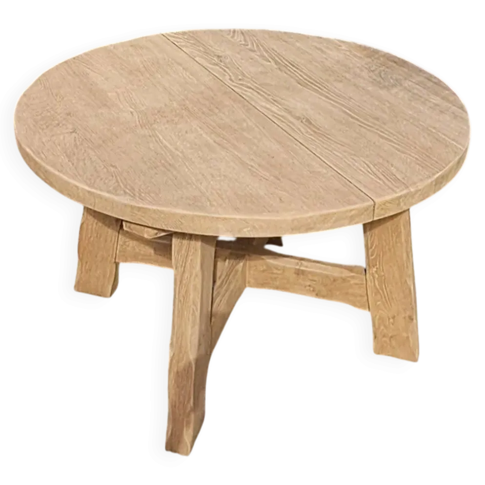 Table à manger ronde brutaliste chêne massif De Puydt – Extensible 120/200