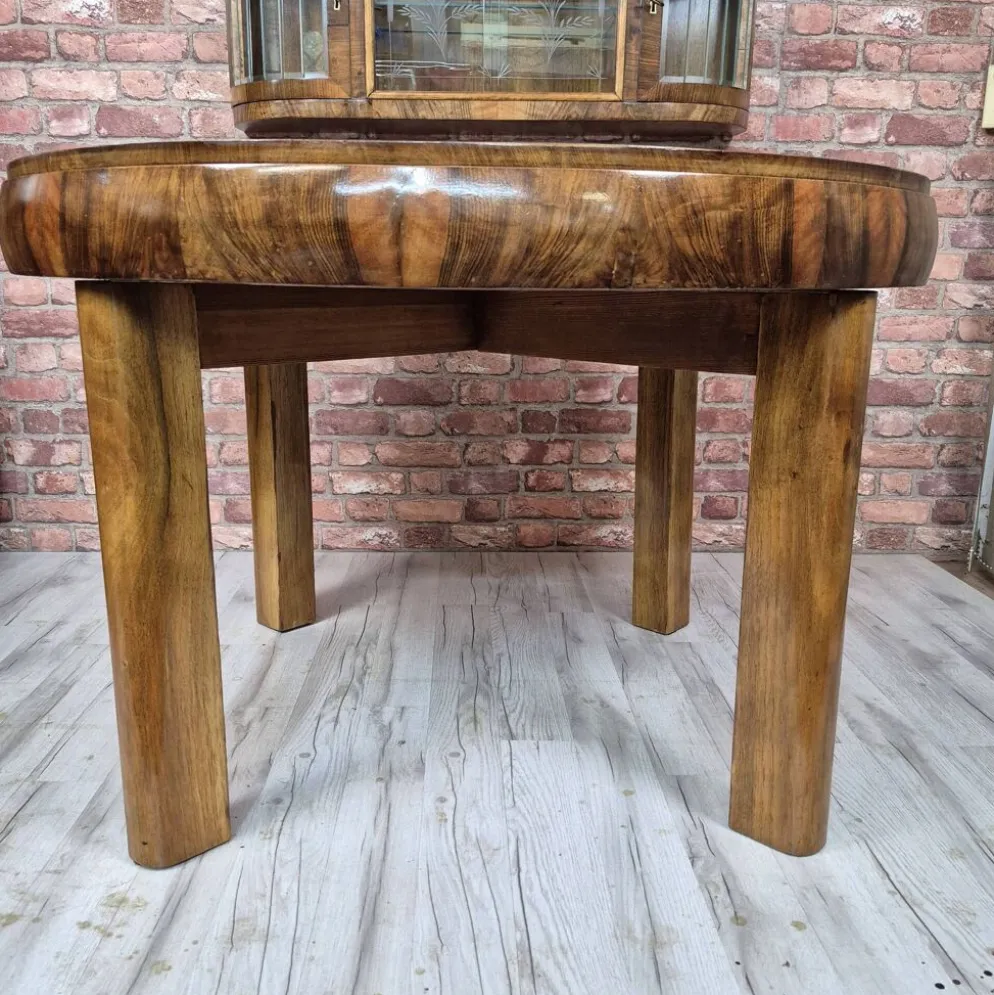 Table à manger ronde extensible en noyer burl Art Déco authentique des années 1930