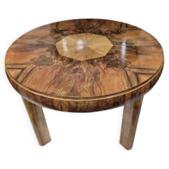 Table à manger ronde extensible en noyer burl Art Déco authentique des années 1930