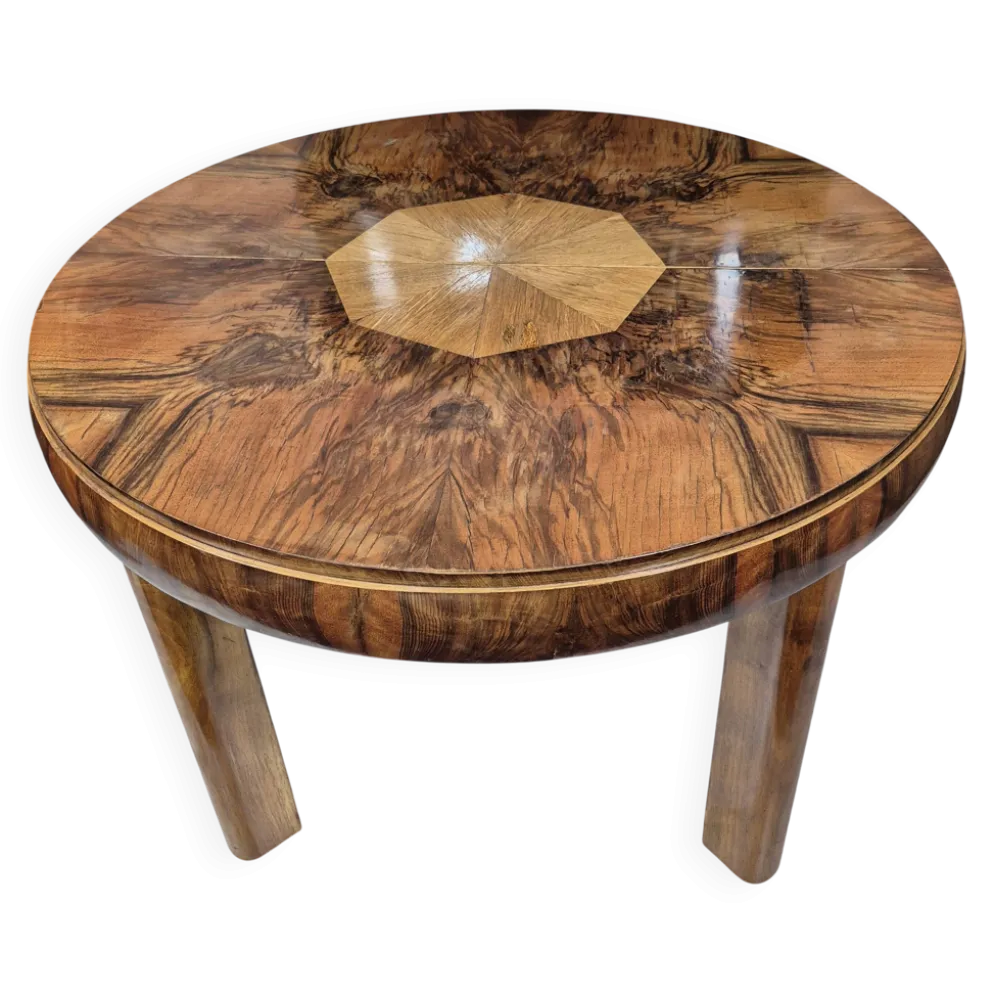 Table à manger ronde extensible en noyer burl Art Déco authentique des années 1930