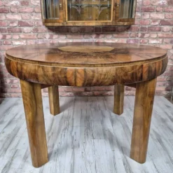 Table à manger ronde extensible en noyer burl Art Déco authentique des années 1930