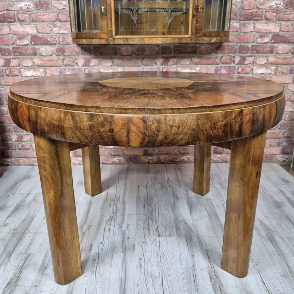 Table à manger ronde extensible en noyer burl Art Déco authentique des années 1930