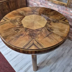 Table à manger ronde extensible en noyer burl Art Déco authentique des années 1930