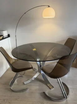 Table à manger vintage en verre fumé & métal chromé 70S