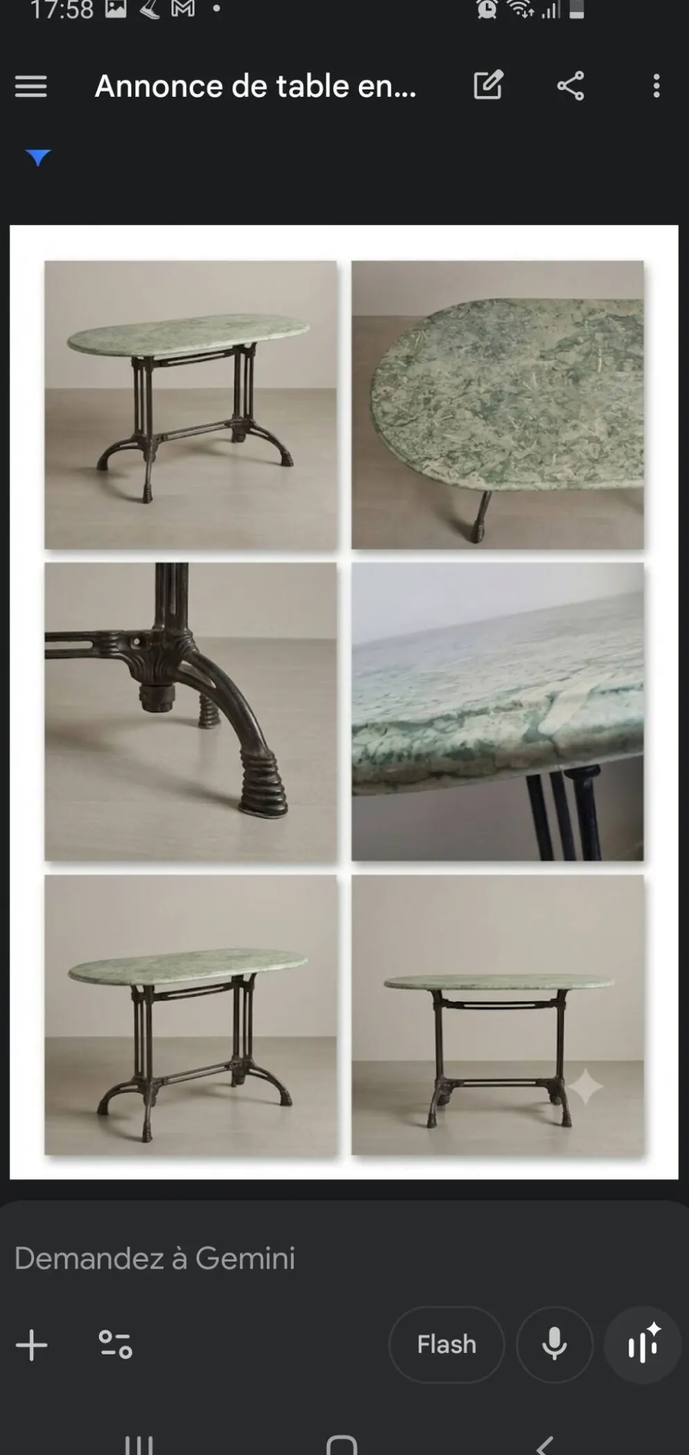Table ovale en marbre vert à orthocères & pied en fonte / fer forgé