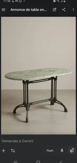 Table ovale en marbre vert à orthocères & pied en fonte / fer forgé