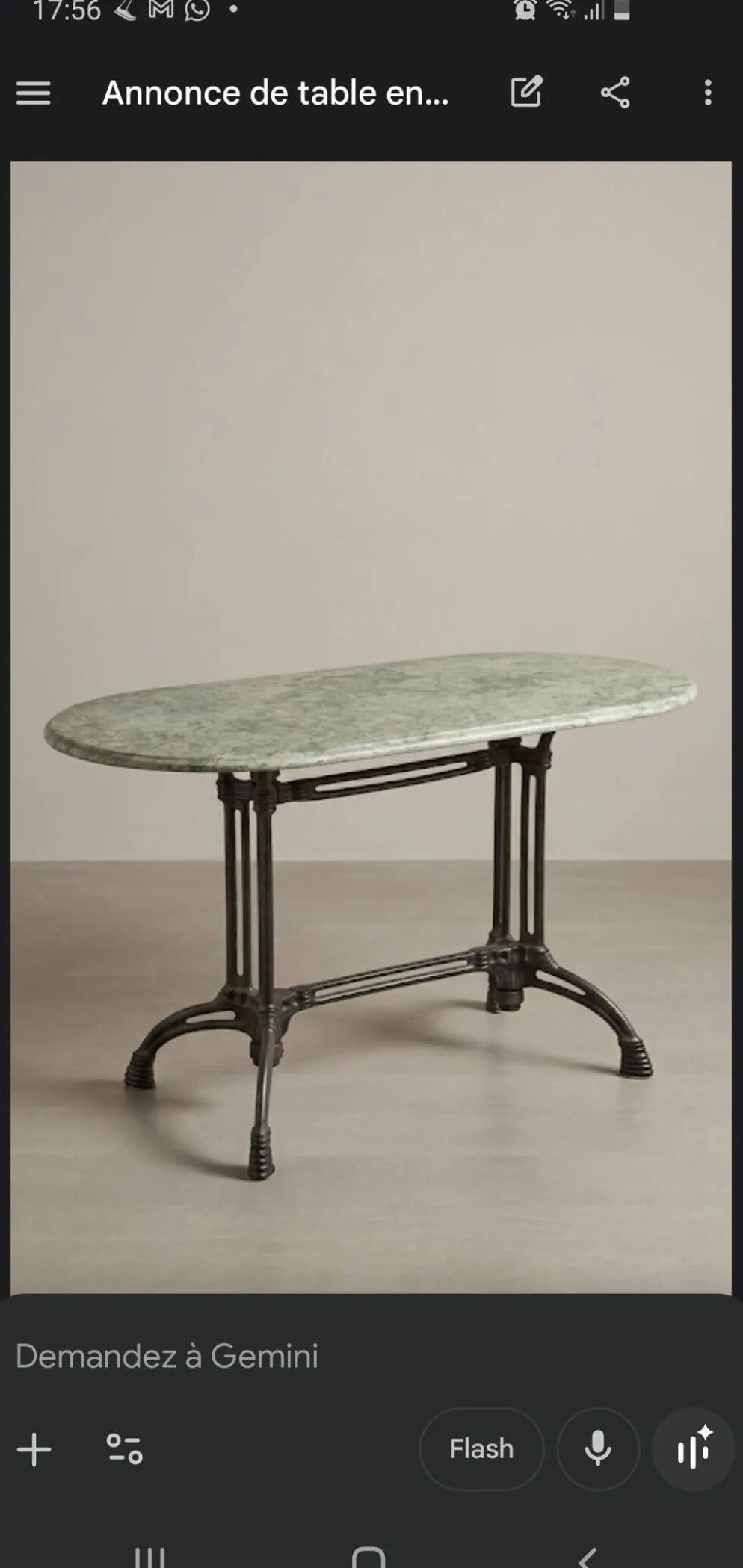 Table ovale en marbre vert à orthocères & pied en fonte / fer forgé