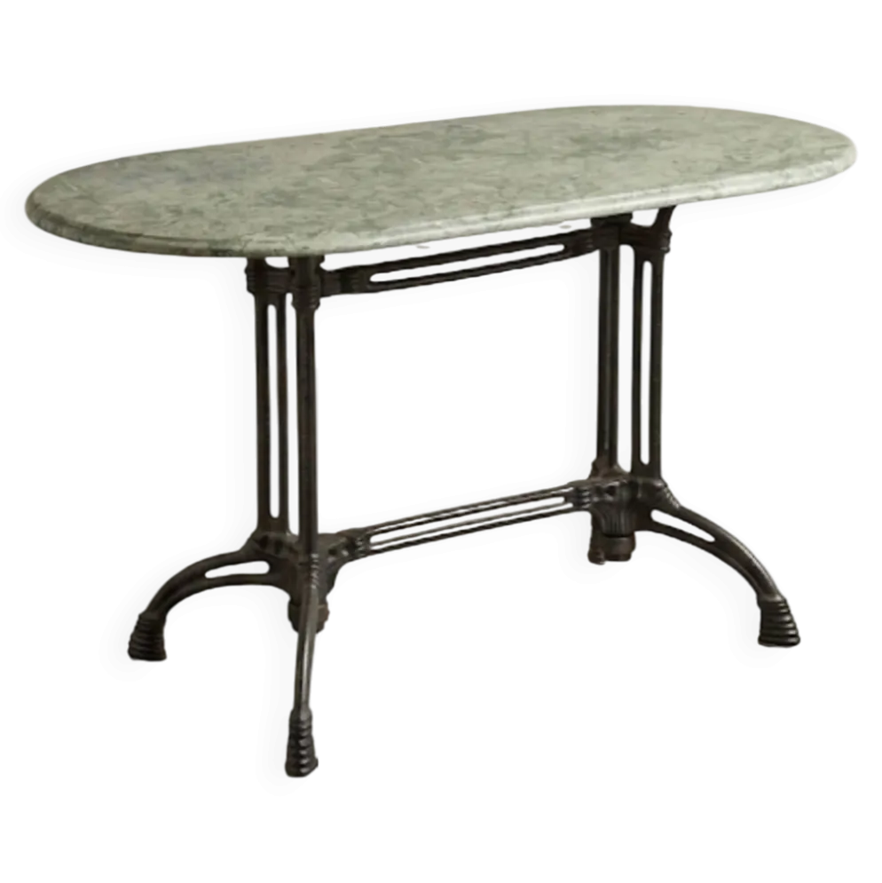 Table ovale en marbre vert à orthocères & pied en fonte / fer forgé