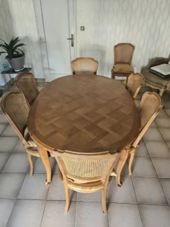 Table ovale en merisier fait par un ébéniste, avec 3 rallonges et 8 chaise