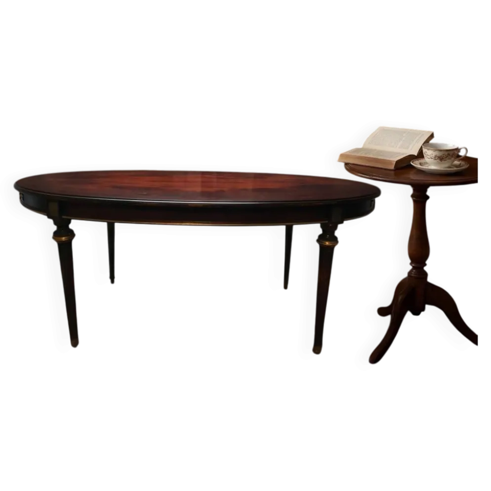 Table oval style Louis XVI avec rallonges demi-lunes