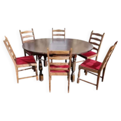 Table ronde bois avec 1 rallonge intégrée + 6 chaises bois et tissus