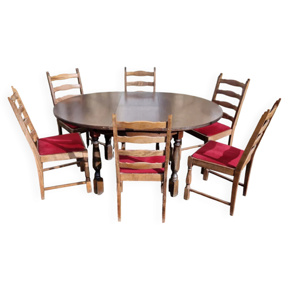 Table ronde bois avec 1 rallonge intégrée + 6 chaises bois et tissus