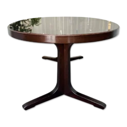 Table ronde extensible de style Baumann, plateau laqué noir, piètement pied