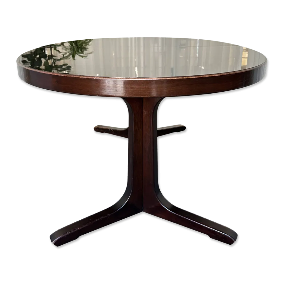 Table ronde extensible de style Baumann, plateau laqué noir, piètement pied
