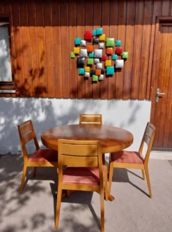 table ronde ou ovale avec rallonge, pied central, design Baumann vintage