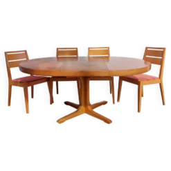table ronde ou ovale avec rallonge, pied central, design Baumann + 4chaises