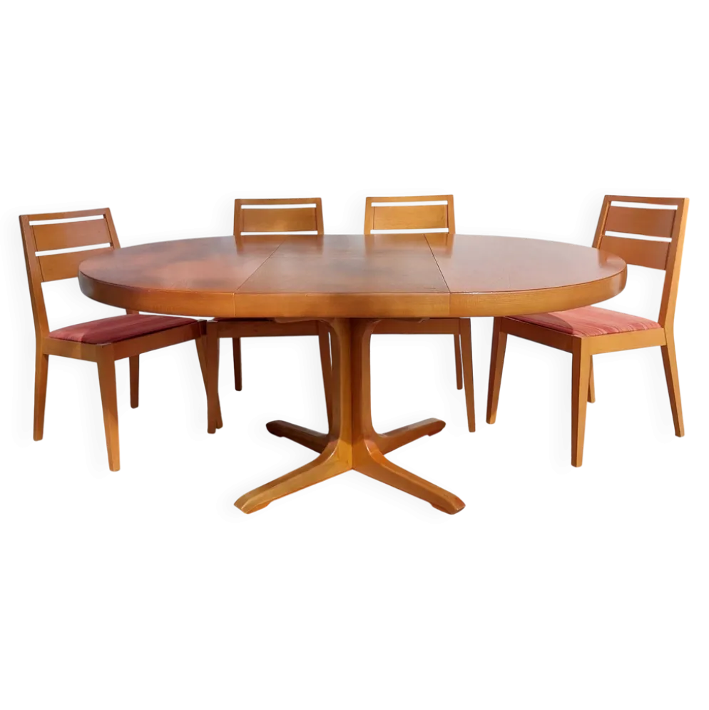 table ronde ou ovale avec rallonge, pied central, design Baumann + 4chaises