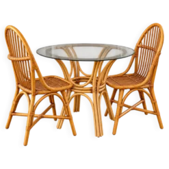 Table rotin verre fumé + chaises