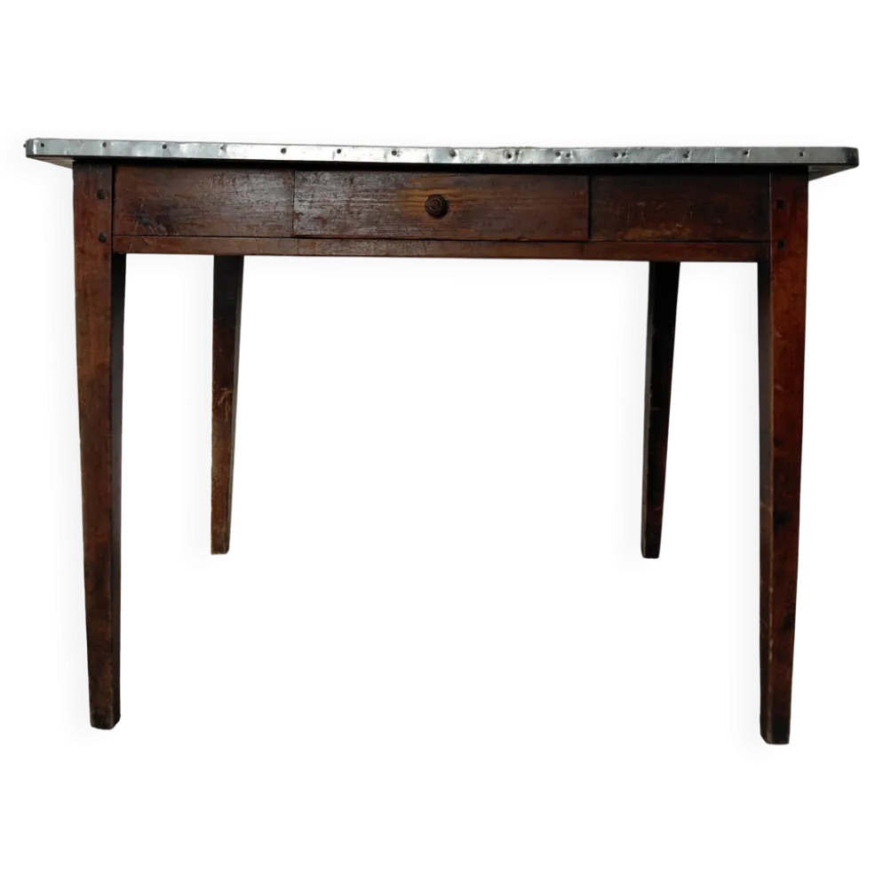 Table rustique ancienne/bureau de drapier à ceinture zinc et tiroir