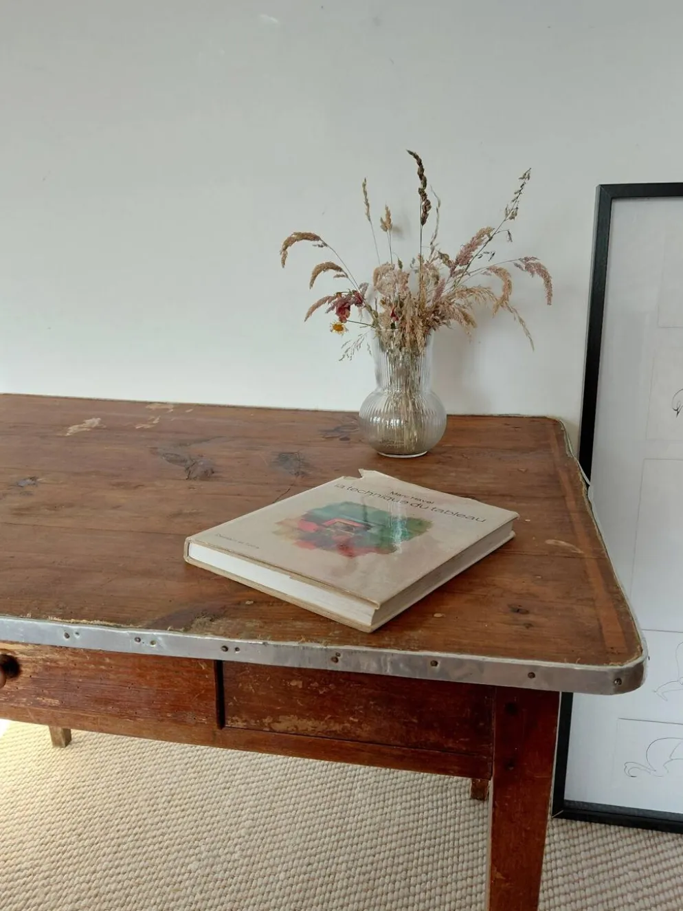 Table rustique ancienne/bureau de drapier à ceinture zinc et tiroir