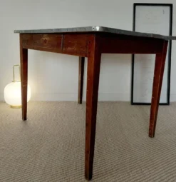 Table rustique ancienne/bureau de drapier à ceinture zinc et tiroir