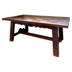 Table rustique en bois massif sculpté — Style savoyard / art populai