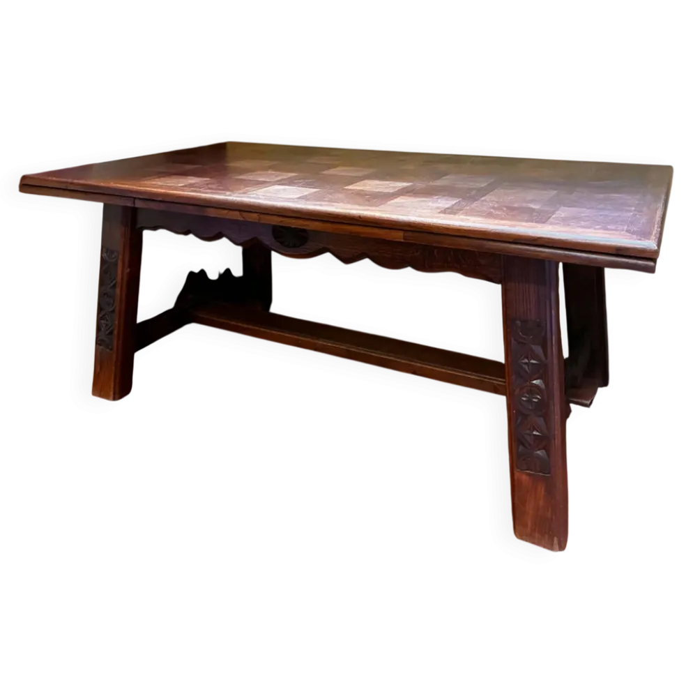 Table rustique en bois massif sculpté — Style savoyard / art populai