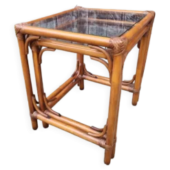 Tables basses gigogne, bambou, rotin et verre, années 70