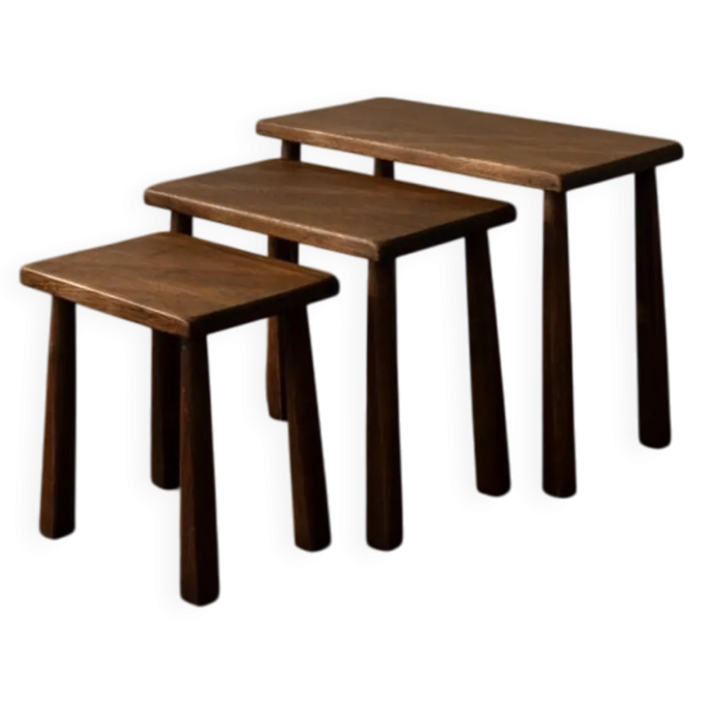 Tables d'appoint en chêne vintage (ensemble de 3) – Tables latérales rustiques modernistes, années 1970