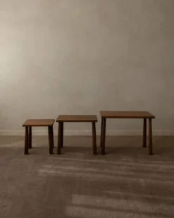 Tables d'appoint en chêne vintage (ensemble de 3) – Tables latérales rustiques modernistes, années 1970