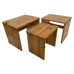 Tables d'appoint gigognes en bois de pin vintage, ensemble de 3