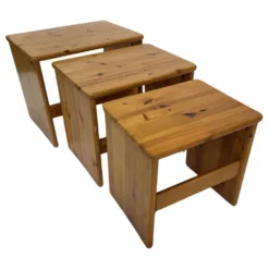 Tables d'appoint gigognes en bois de pin vintage, ensemble de 3