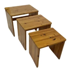 Tables d'appoint gigognes en bois de pin vintage, ensemble de 3